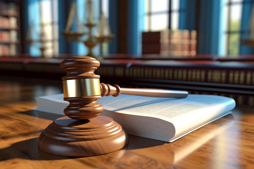 A wooden gavel and sound block rest upon a legal book in the Lawfinity Consultants, symbolizing justice and legal authority.